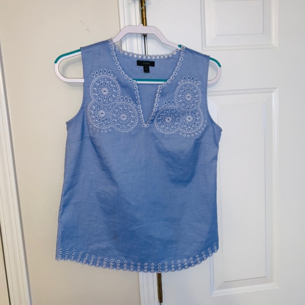 J Crew blue sleeveless top w/ embroidery - Picture 3 of 6